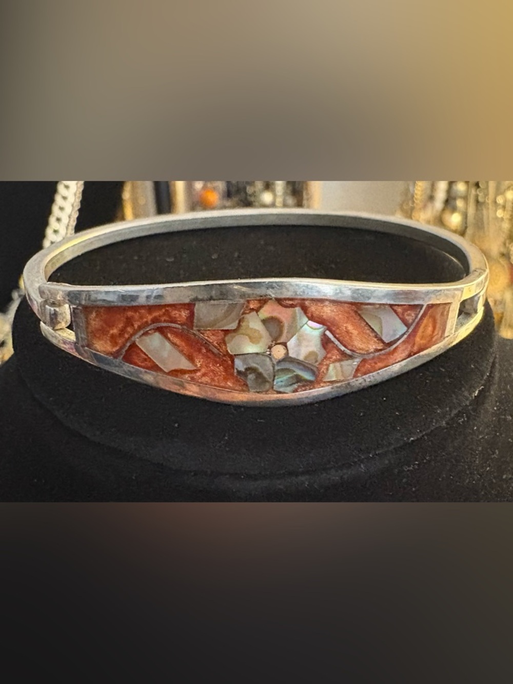 VINTAGE Taxco Mexico Sterling Silver Mother of Pearl Inlay Hinged Cuff Bracelet